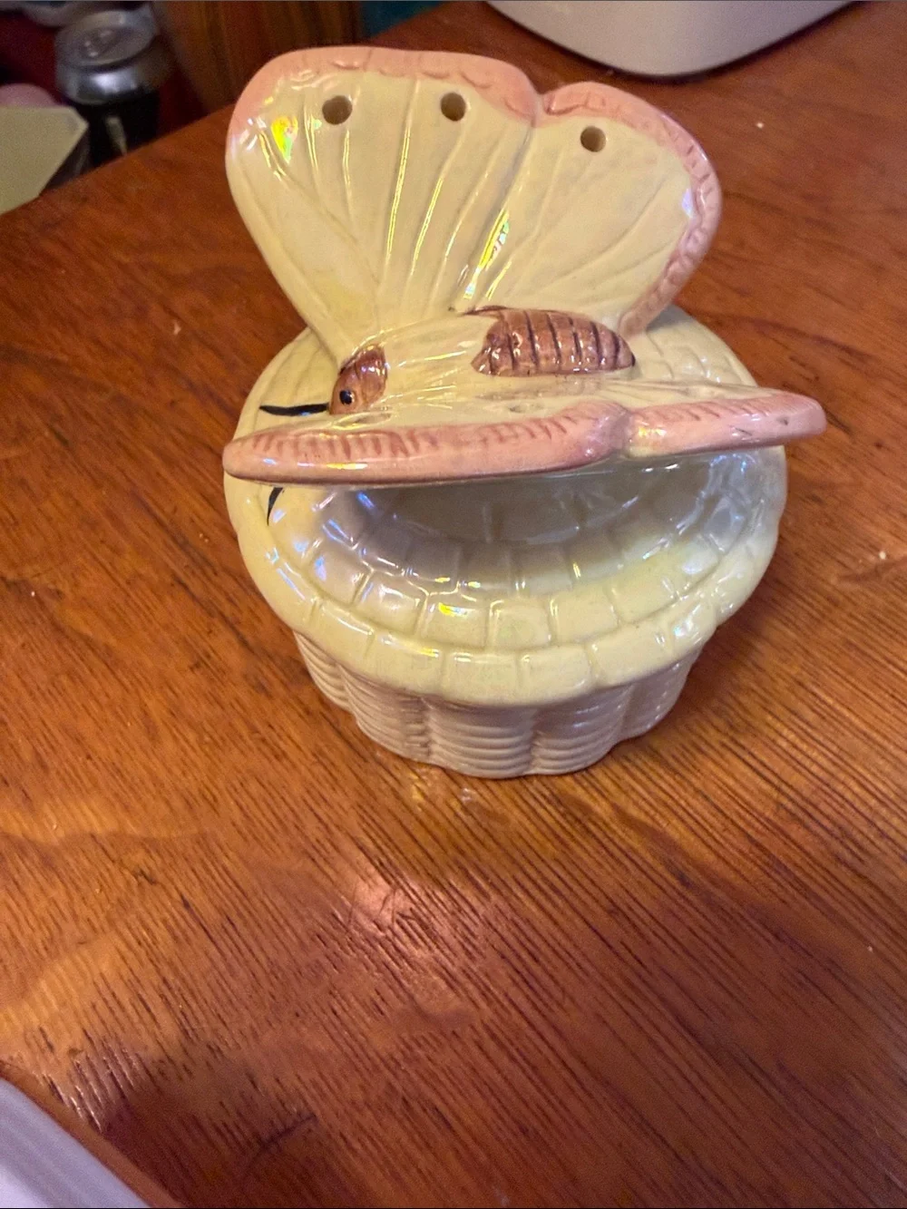 Butterfly Ceramic Jewelry Trinket Box - Cream and Pink